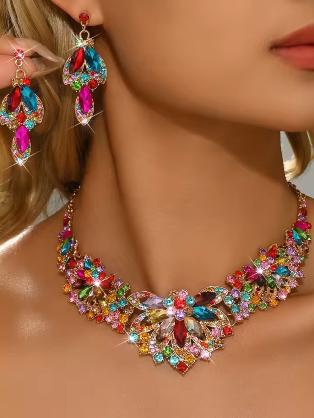 New Multicolor Crystal Necklace & Earrings